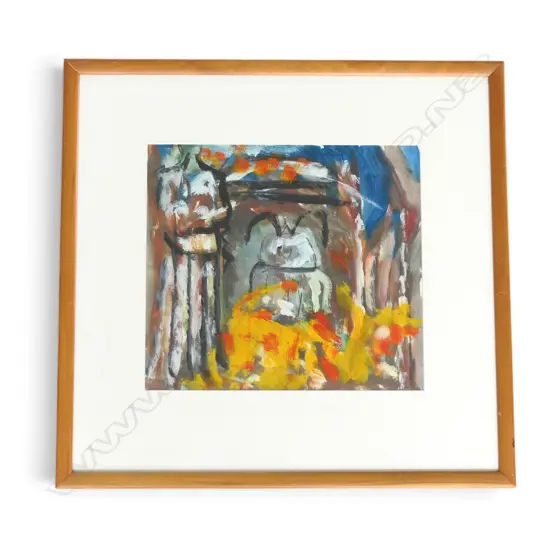 FRAMED EXPRESSIONIST STYLE COMPOSITION, WC & OIL ON PAPER, 320 X 300MM