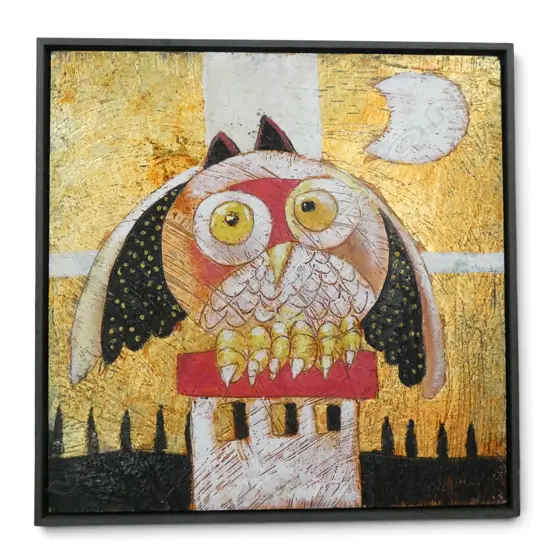 FRANCO ANSELMI, OWL IN LANDSCAPE, MIXED MEDIA ON BOARD, SIGNED, 400 X 400MM