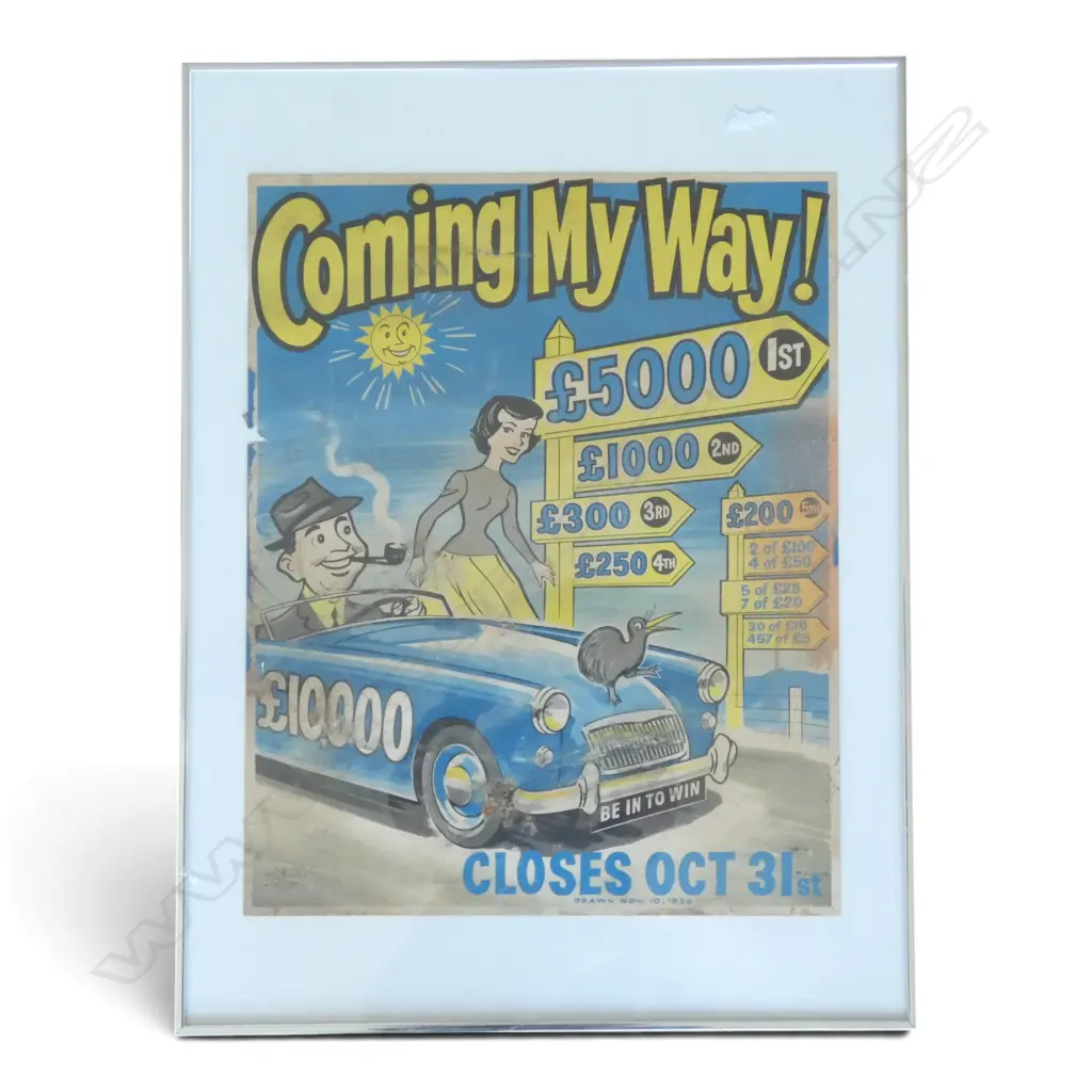 VINTAGE OLD FRAMED GOLDEN KIWI POSTER 'DRAWN NOV. 10, 1959' by license under the gaming act 1908 620x480mm Image 1++