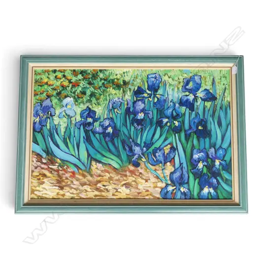 SIGNED ARTWORK, IRIS FLOWERS, ACRYLIC ON BOARD 590x890mm