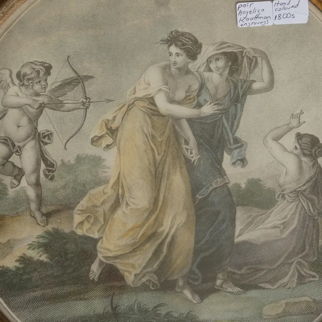 PR ANTIQUE HAND COLOURED ANGELICA KAUFFMAN ENGRAVINGS 290mm dia Image 1++