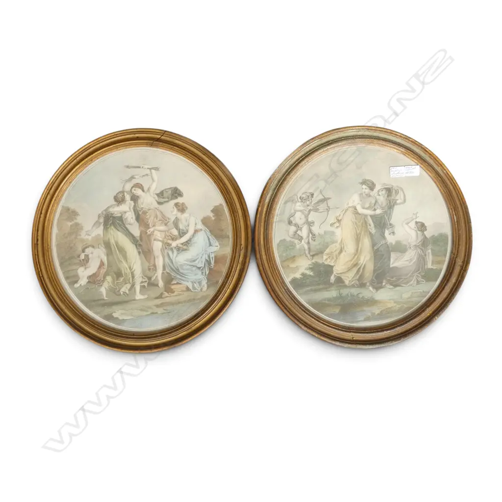 PR ANTIQUE HAND COLOURED ANGELICA KAUFFMAN ENGRAVINGS 290mm dia Image 1++