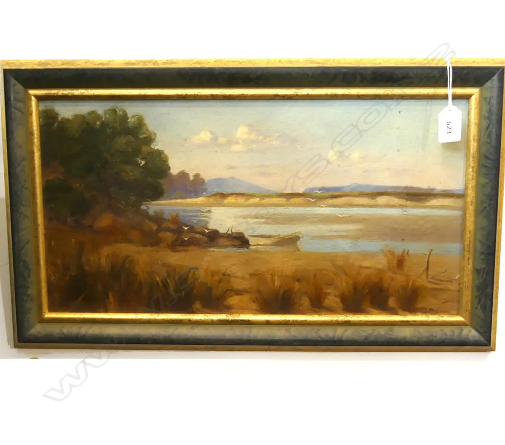 ANTIQUE OIL PAINTING - RANGITOTO? BEACH SCENE 230 x 440mm Image 1++
