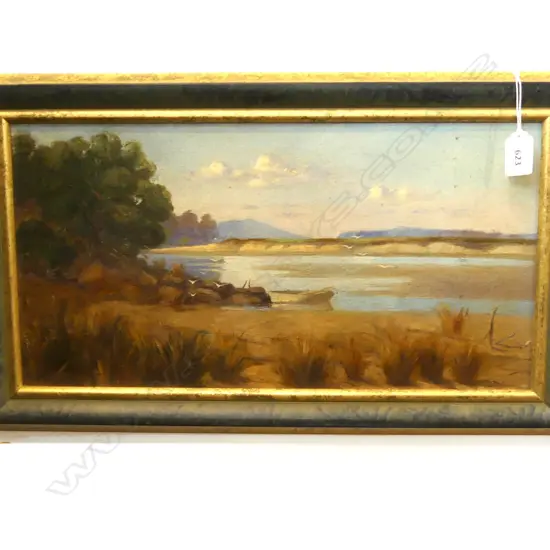 ANTIQUE OIL PAINTING - RANGITOTO? BEACH SCENE 230 x 440mm
