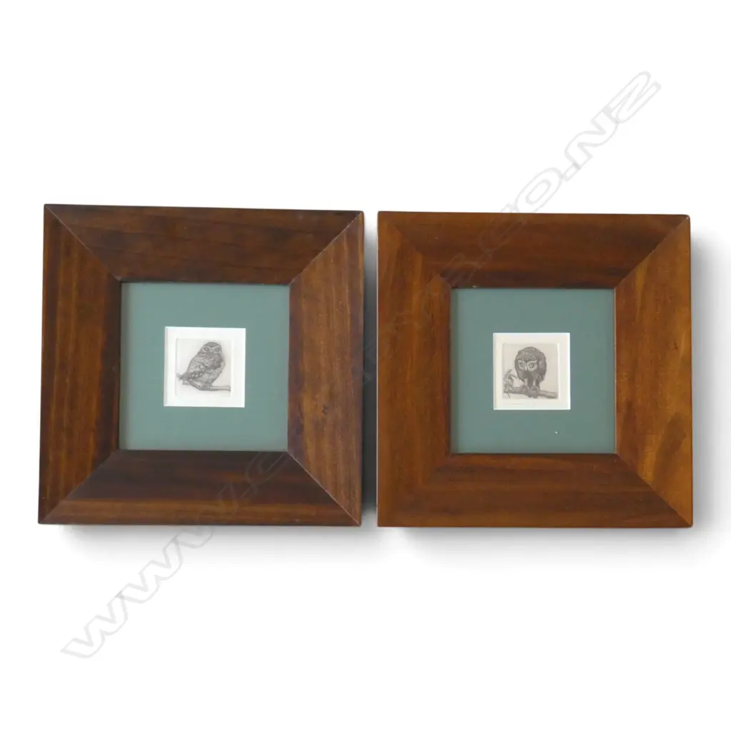 2 RUSSELL JACKSON SIGNED PRINTS, N.Z. MOREPORK OWL 19/50 & LITTLE OWL 15/30, SIGNED & DATED '81, 65x65mm Image 1++