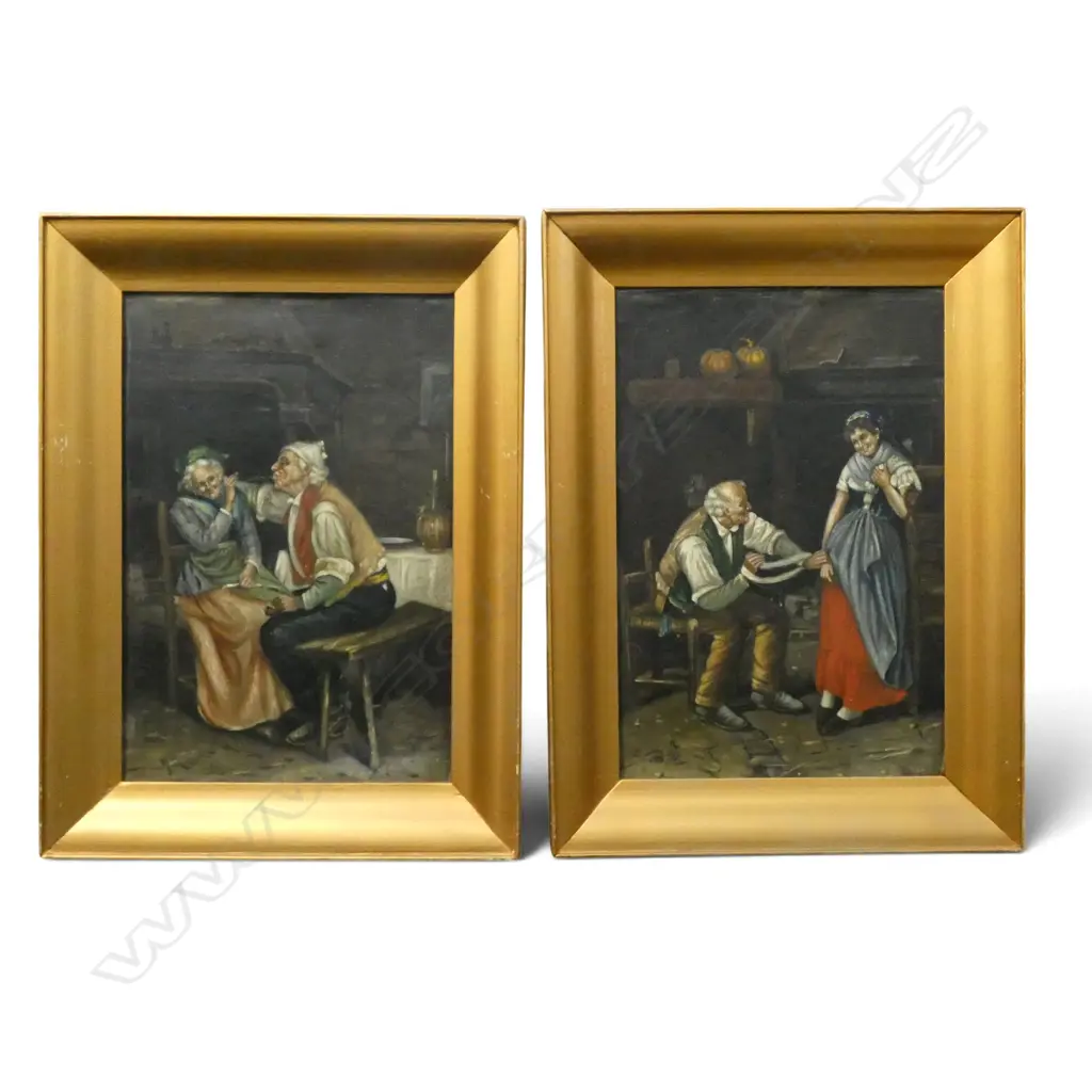 SIGNED ILLEGIBLY LOWER RIGHT, PAIR OF 19TH C. FLEMISH INTERIOR SCENES, OIL ON CANVAS, 375 X 250MM Image 1++