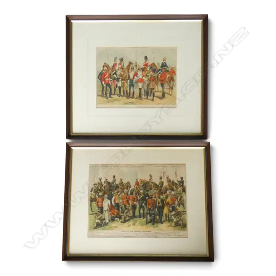 TWO 19TH CENTURY COLOURED PRINTS  'COMMONWEALTH DEFENDERS & BRITISH CALVARY REGIMENTS', 275 X 360MM EACH - BOTH FOXED
