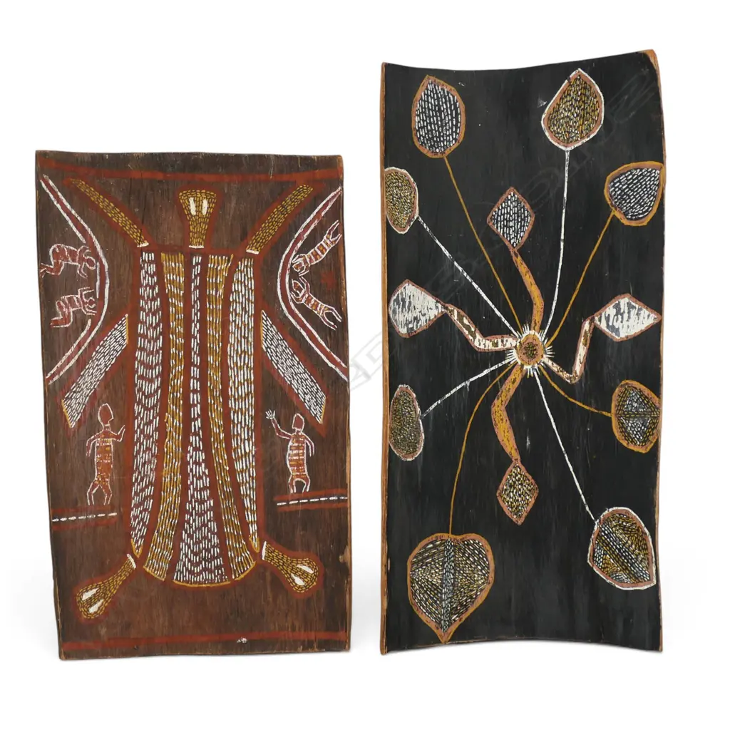 Two  Aboriginal bark paintings, Minimini Mamarika and Milliangmuda, Two  Aboriginal bark paintings, Largest: 430 x 210mm Image 1++