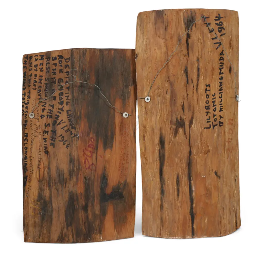 Two  Aboriginal bark paintings, Minimini Mamarika and Milliangmuda, Two  Aboriginal bark paintings, Largest: 430 x 210mm Image 1++