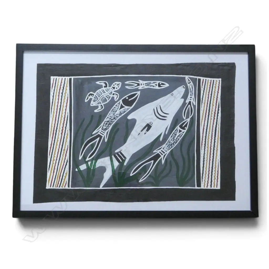 Wendy Mununggurr (Aboriginal Yirrkala - E. Arnhem Land) acrylic on canvas 'Shark, Fish & Turtle'. Signed & dated 2021 Image 1++