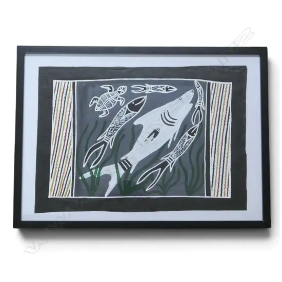 Wendy Mununggurr (Aboriginal Yirrkala - E. Arnhem Land) acrylic on canvas 'Shark, Fish & Turtle'. Signed & dated 2021
