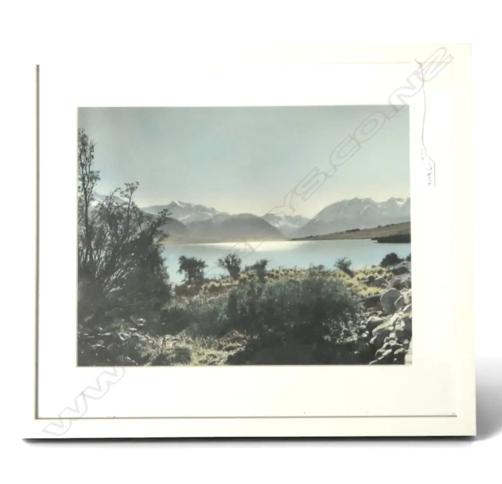 WHITES AVIATION VINTAGE HAND COLOURED PHOTO 'LAKE OHAU' labelled verso. 285 x 365mm. Framed w Tru Vue glass  Image 1++