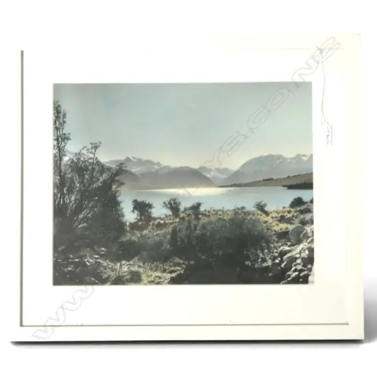 WHITES AVIATION VINTAGE HAND COLOURED PHOTO 'LAKE OHAU' labelled verso. 285 x 365mm. Framed w Tru Vue glass 