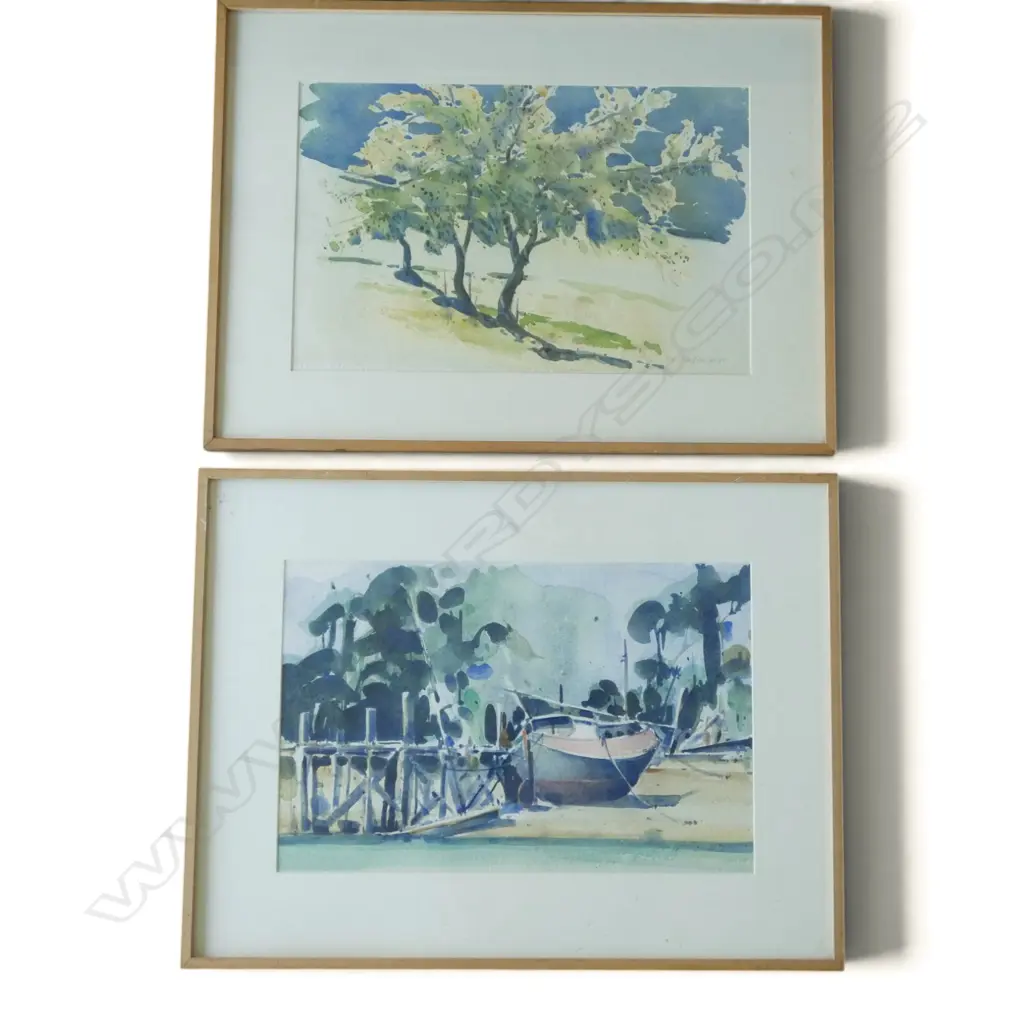 BEN WOOLLCOMBE, 'OSTEND  WAIHEKE' & 'APRICOT TREES, ITALY', WATERCOLOURS (2), SIGNED, 350 X 530MM (EACH) Image 1++