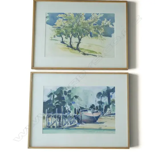 BEN WOOLLCOMBE, 'OSTEND  WAIHEKE' & 'APRICOT TREES, ITALY', WATERCOLOURS (2), SIGNED, 350 X 530MM (EACH)