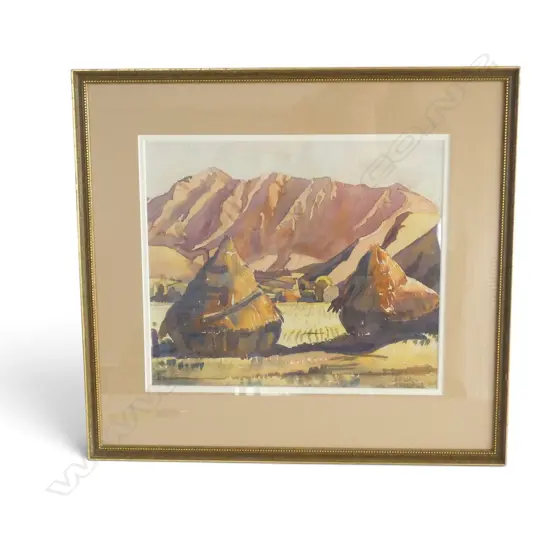 EDGAR CASSILIS SEELYE (1915-1987). HAYSTACKS. SIGNED W/C. 290x340mm