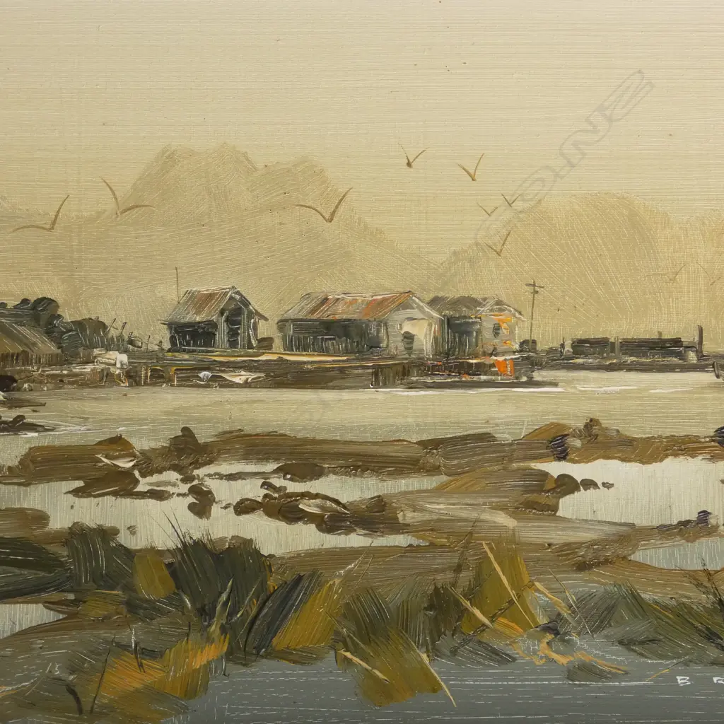 BRIAN BAXTER, 'FISHERIES BUILDINGS, KAIKOURA' OIL ON CANVASBOARD, SIGNED, 295 X 900MM Image 1++