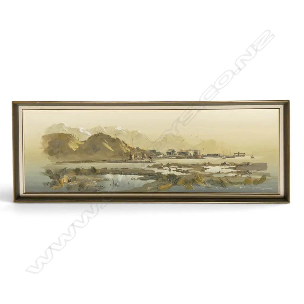 BRIAN BAXTER, 'FISHERIES BUILDINGS, KAIKOURA' OIL ON CANVASBOARD, SIGNED, 295 X 900MM Image 1++