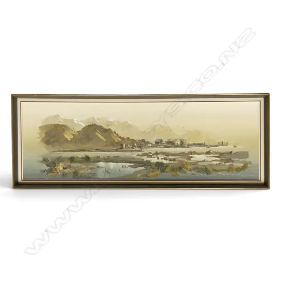BRIAN BAXTER, 'FISHERIES BUILDINGS, KAIKOURA' OIL ON CANVASBOARD, SIGNED, 295 X 900MM