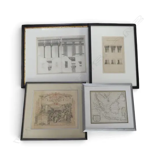 4 ARTWORKS; GREAT WAR CERTIFICATE 310x370mm, 2 ARCHITURAL ENGRAVINGS, MAP OF JAVA, SUMATRA & BORNEO