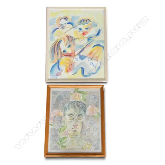 2 VAL WATTS ARTWORKS 'SINGING STRINGS' & 'IS THERE LIFE AFTER HOUSEWORK?' MIXED MEDIA 520x420mm