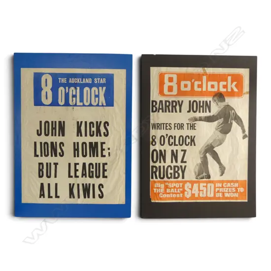 TWO 1971 ‘8 O’CLOCK’ RUGBY BILLBOARDS - BARRY JOHN NZ LIONS TOUR, W.420MM H.570MM