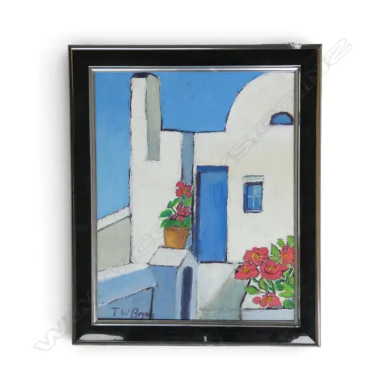 T W BRYAN, GREEK SCENE, ACRYLIC ON BOARD 245x195mm