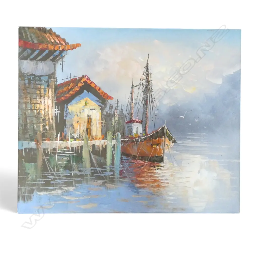 COASTAL HARBOR SCENE, OIL ON CANVAS,500 X 600MM Image 1++