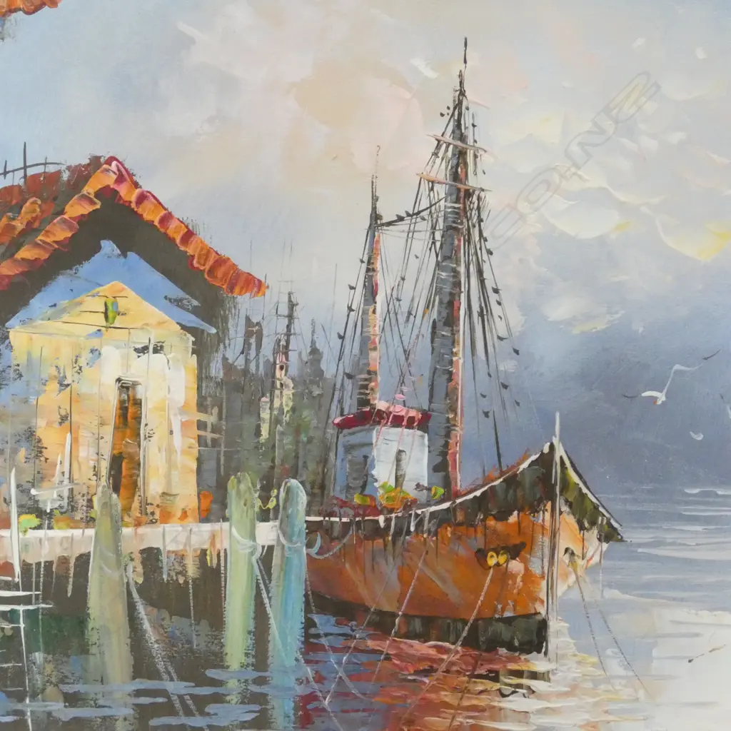 COASTAL HARBOR SCENE, OIL ON CANVAS,500 X 600MM Image 1++