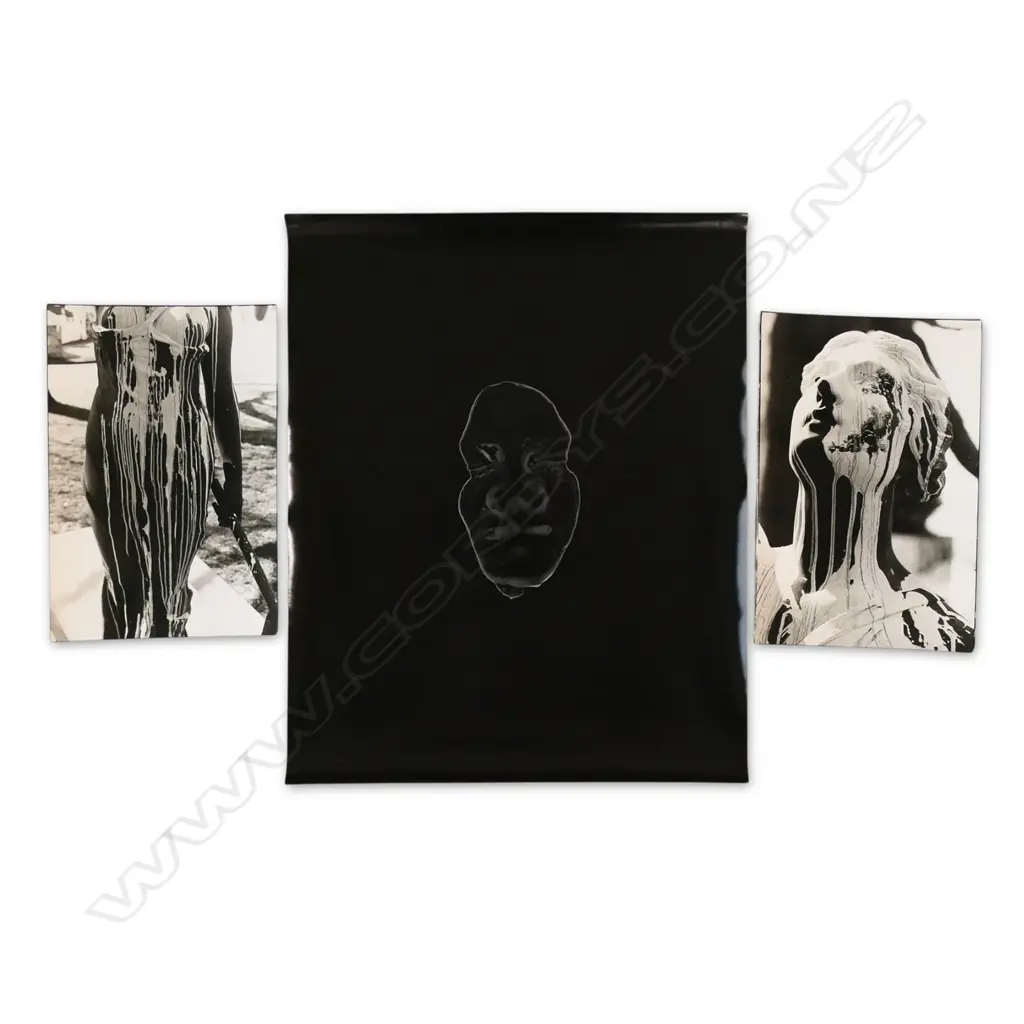 2 x JOHN FIELD 'VANDALISED WAR MEMORIAL AUCKLAND 1973 (290 x 150mm) + LG IMAGE NEGATIVE FACE ON BLACK, all unmounted Image 1++