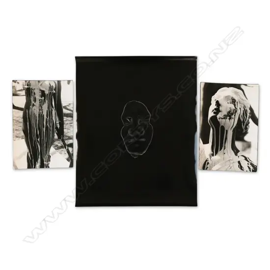 2 x JOHN FIELD 'VANDALISED WAR MEMORIAL AUCKLAND 1973 (290 x 150mm) + LG IMAGE NEGATIVE FACE ON BLACK, all unmounted