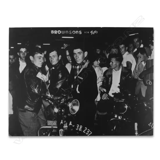 'MILK BAR COW BOYS' AUCKLAND 1955, B&W MOUNTED PHOTOGRAPH ON BOARD, 370 x 500m, details to verso
