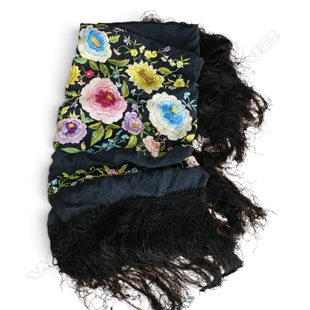 ANTIQUE FLORAL EMBROIDERED BLACK MANTILA PIANO SHAWL, knotted fringe & long tassels, W.1300mm L.1300mm Image 1++