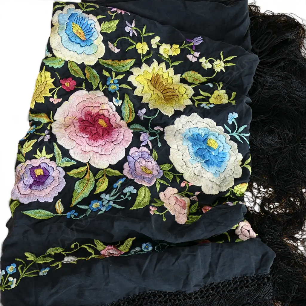 ANTIQUE FLORAL EMBROIDERED BLACK MANTILA PIANO SHAWL, knotted fringe & long tassels, W.1300mm L.1300mm Image 1++