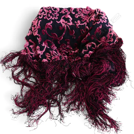 VINTAGE PIANO SHAWL, RAISED CRIMSON VELVET FLORAL MOTIFS, knotted fringe & tassels, W.110mm L.110mm