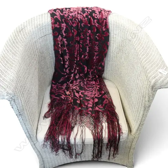 VINTAGE PIANO SHAWL, RAISED CRIMSON VELVET FLORAL MOTIFS, knotted fringe & tassels, W.110mm L.110mm