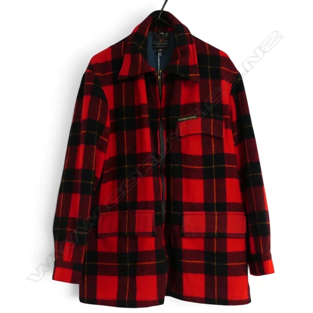 'FIORDLANDER' RED WOOL TARTAN JACKET, SIZE M small area moth damage Image 1++