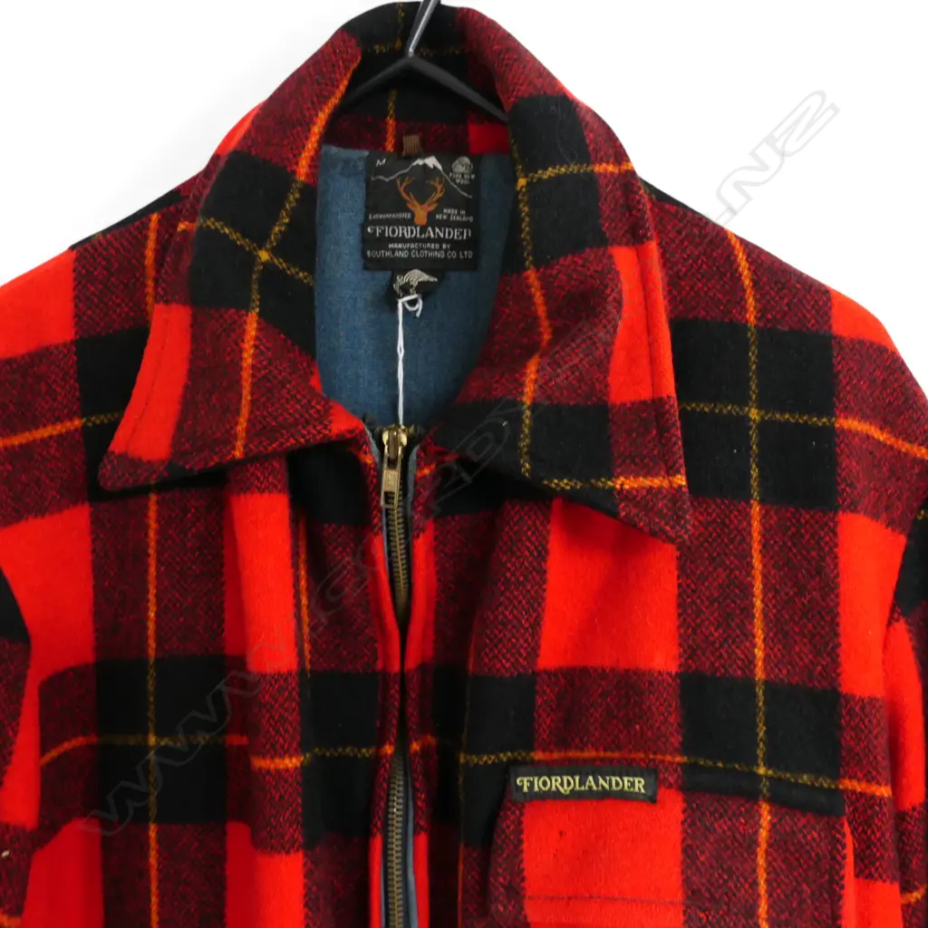 'FIORDLANDER' RED WOOL TARTAN JACKET, SIZE M small area moth damage Image 1++