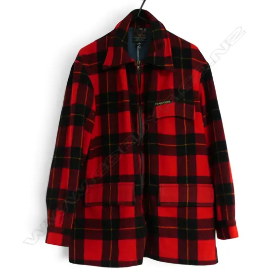 'FIORDLANDER' RED WOOL TARTAN JACKET, SIZE M small area moth damage