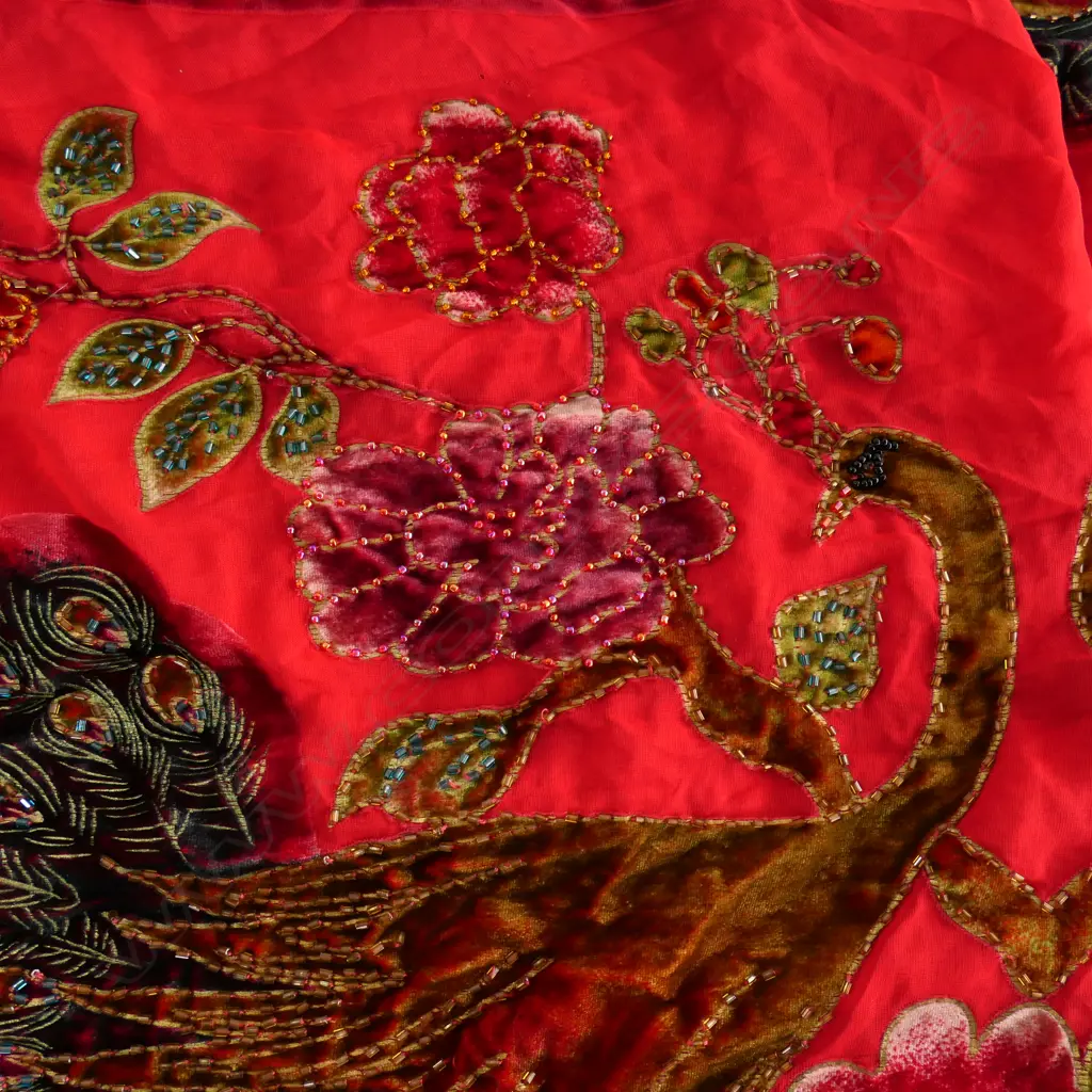 VINTAGE SILK HAND BEADED & EMBROIDERED PEACOCK SHAWL, L.1700mm Image 1++