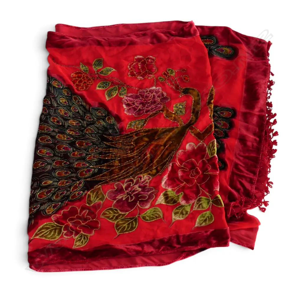 VINTAGE SILK HAND BEADED & EMBROIDERED PEACOCK SHAWL, L.1700mm Image 1++