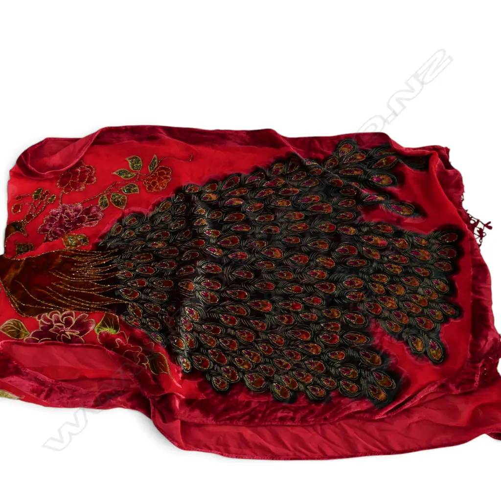 VINTAGE SILK HAND BEADED & EMBROIDERED PEACOCK SHAWL, L.1700mm Image 1++