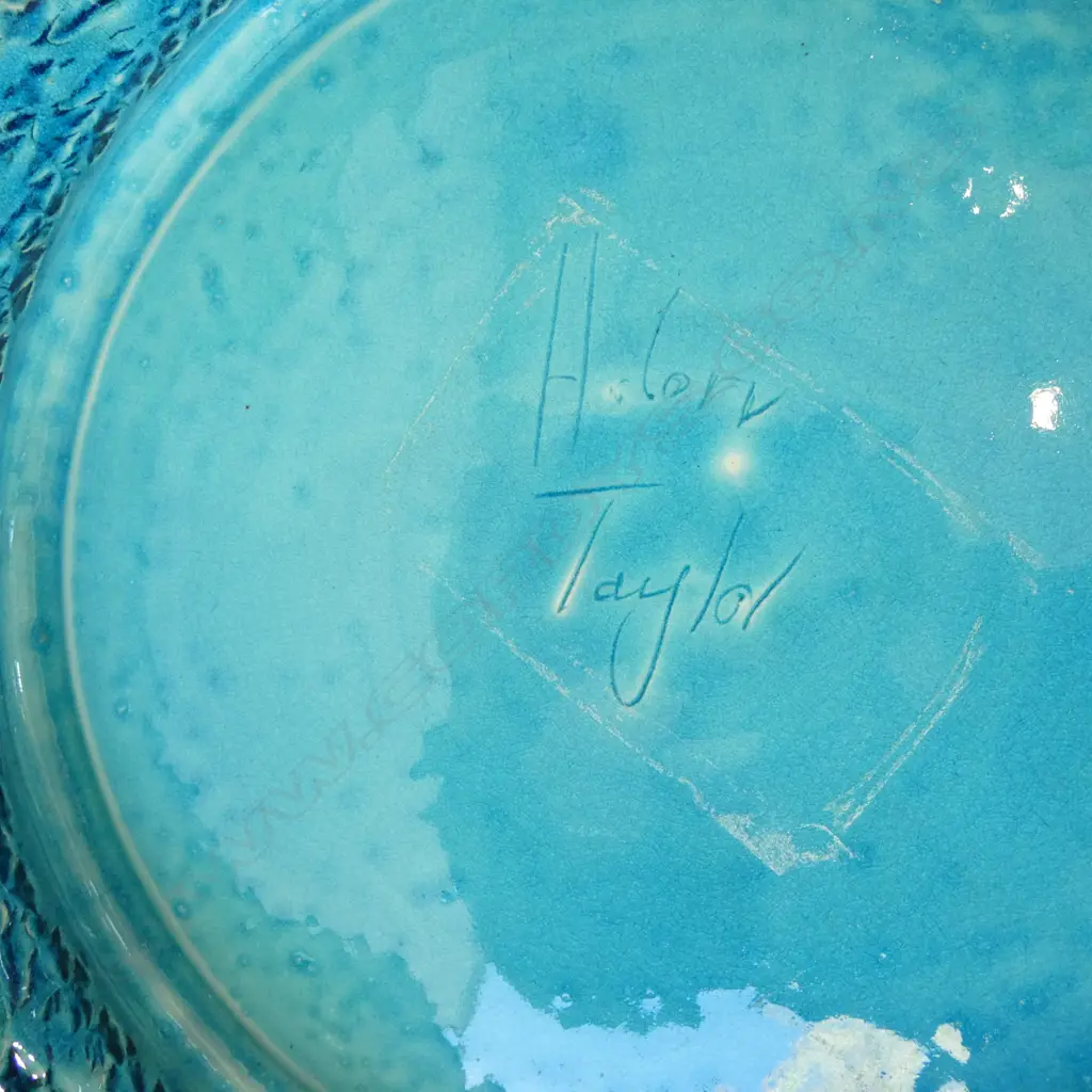LG BLUE GLAZED STUDIO POTTERY DISH SIGNED TO BASE H. TAYLOR 505mm dia Image 1++