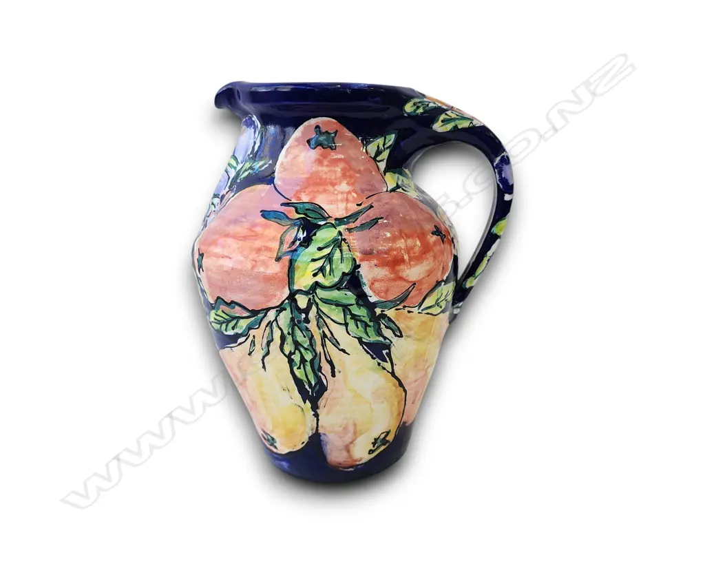 HEAVY ESTUARY ARTS CERAMIC JUG VASE W PEARS AND ORCHARD FRUIT MOTIFS 320H mm Image 1++