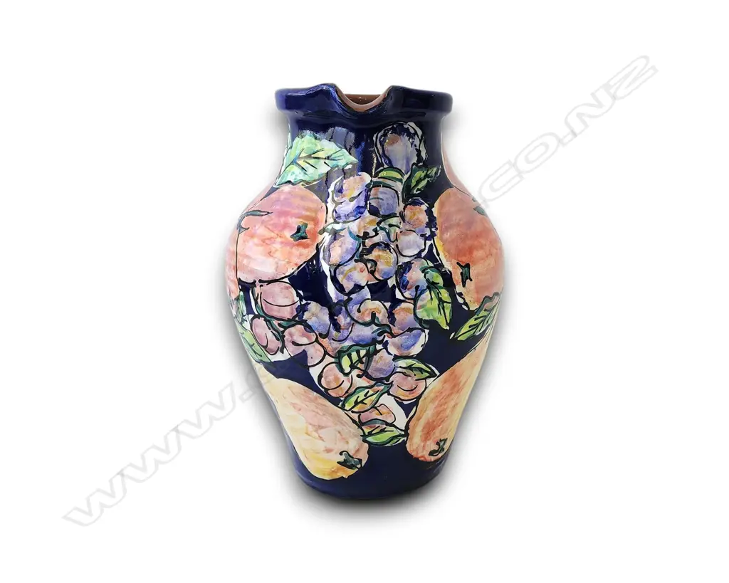 HEAVY ESTUARY ARTS CERAMIC JUG VASE W PEARS AND ORCHARD FRUIT MOTIFS 320H mm Image 1++