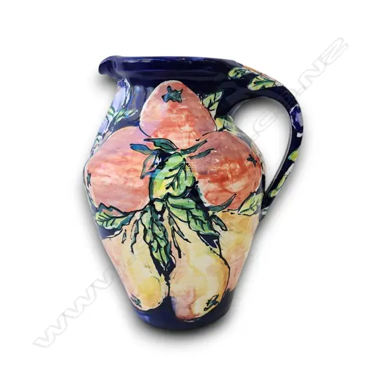 HEAVY ESTUARY ARTS CERAMIC JUG VASE W PEARS AND ORCHARD FRUIT MOTIFS 320H mm