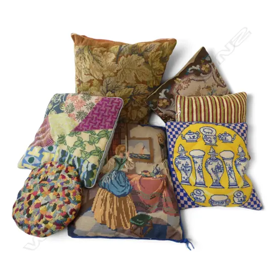 7 NEEDLEWORK CUSHIONS, SOME WEAR