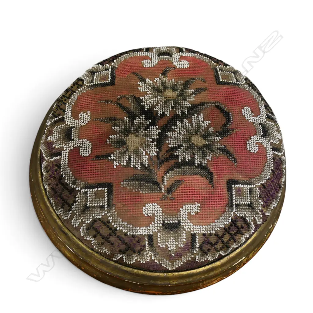 VICTORIAN SIDE TABLE w. BEADED TRIM AF, 575mm dia + BEADED FOOTSTOOL Image 1++