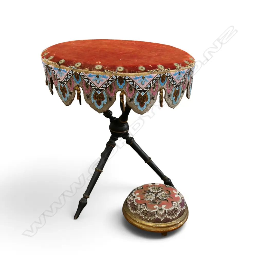 VICTORIAN SIDE TABLE w. BEADED TRIM AF, 575mm dia + BEADED FOOTSTOOL Image 1++