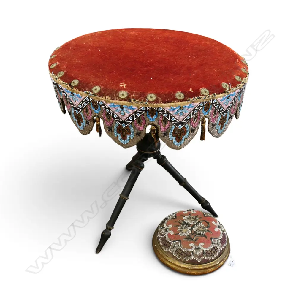 VICTORIAN SIDE TABLE w. BEADED TRIM AF, 575mm dia + BEADED FOOTSTOOL Image 1++